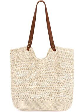 Women's Beige Mesh Tote Bag Crochet Knitting Beach for Summer Vacation Bags
